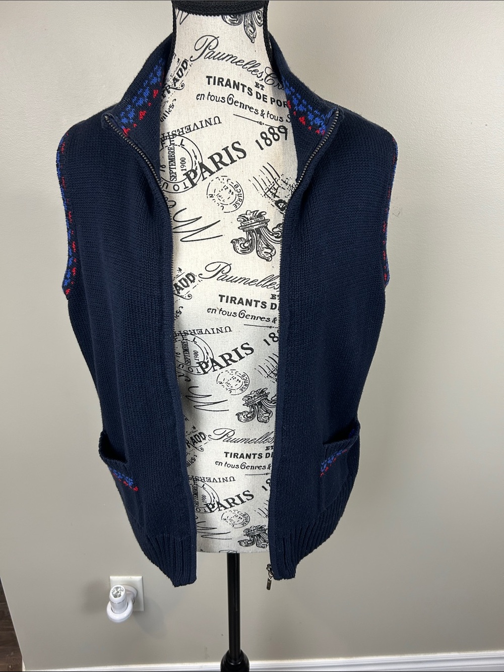 Navy Knit Zip Front Sweater Vest Nordic Trim Pockets Northern Reflections Small